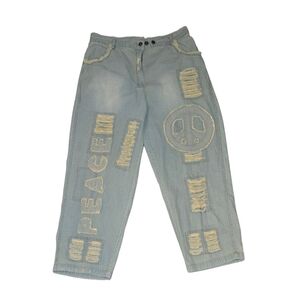 Daper Lace Patchwork Denim Pants PEACE Graphic Distressed Cotton Boho